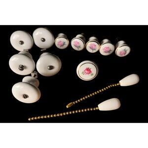 Porcelain White with Pink Rose & Gold Trim VTG  Drawer Pulls Mix lot of 11